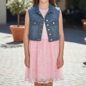 Rare Editions Pink Lace Dress with Blue Denim
